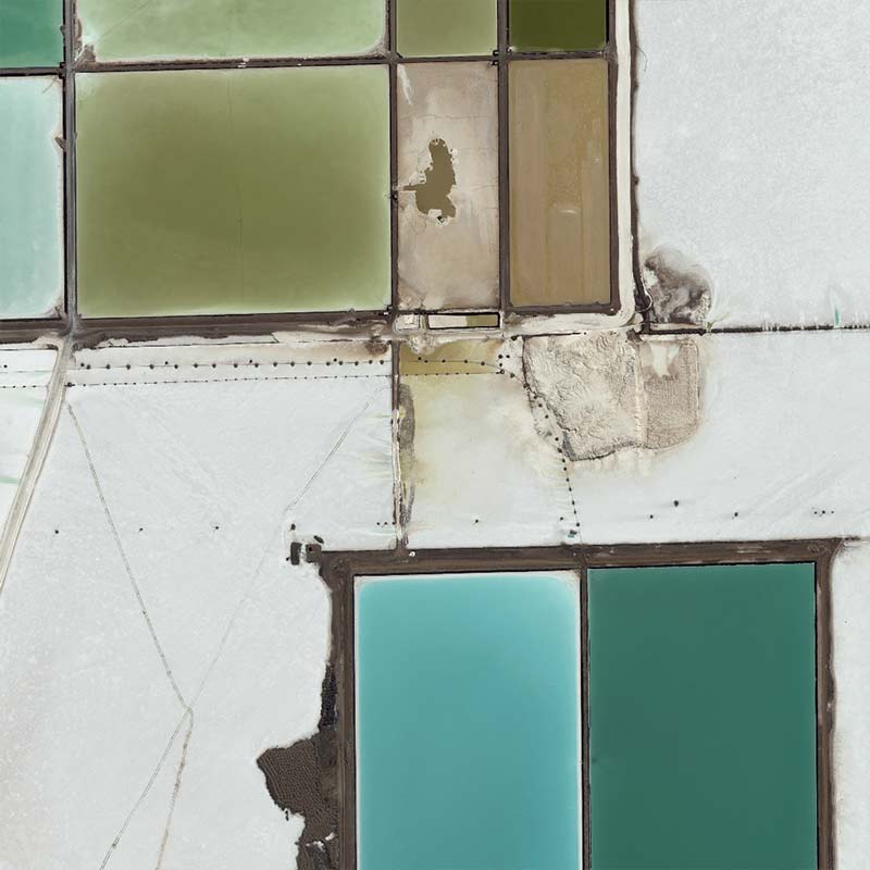 Dozens of evaporation ponds, some about 1 km long, are used to extract lithium in the Salar de Uyuni, in Bolivia.