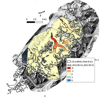 Map of elevation changes from August 2012 to August 2021