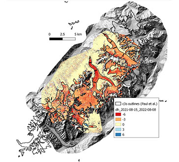 Map of elevation changes from August 2021 to August 2022